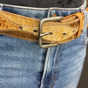 Vintage Nocona Genuine Ostrich Leather Belt Made in USA Brown Western Distressed